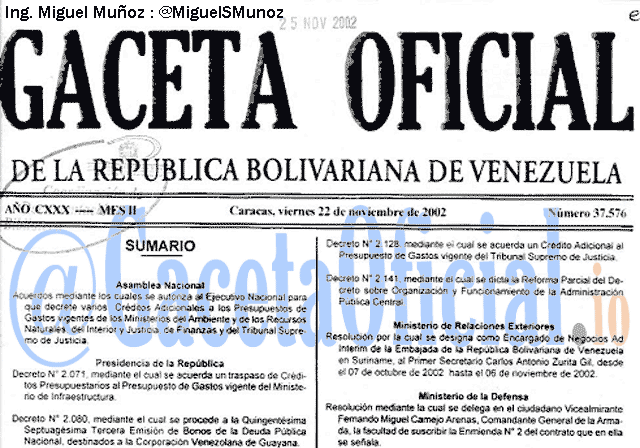 Gaceta Oficial 37576 del 22 Noviembre 2002