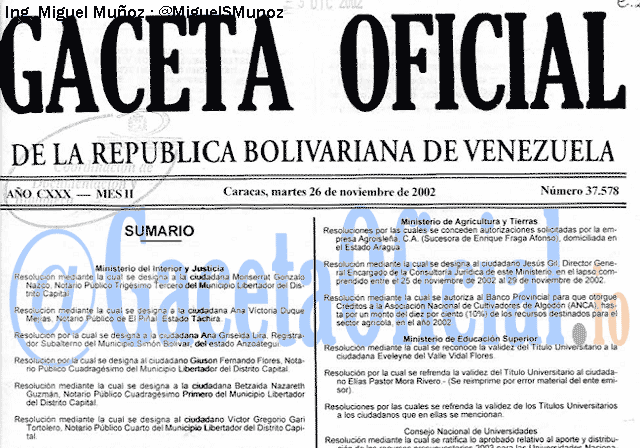 Gaceta Oficial 37578 del 26 Noviembre 2002