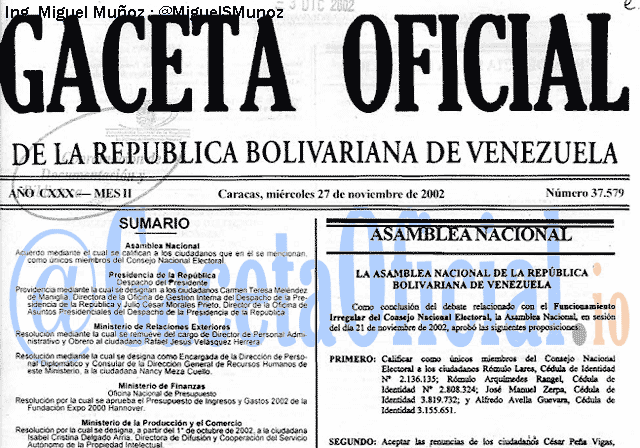 Gaceta Oficial 37579 del 27 Noviembre 2002
