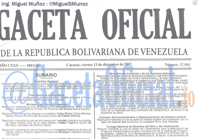 Gaceta Oficial 37591 del 13 Diciembre 2002