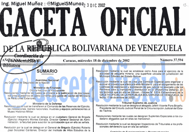 Gaceta Oficial 37594 del 18 Diciembre 2002