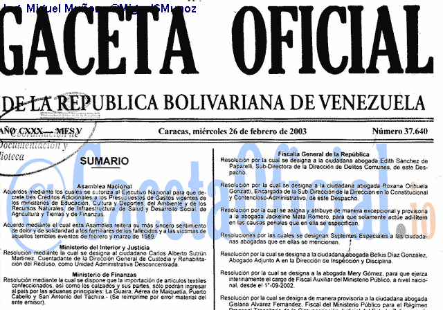 Gaceta Oficial 37640 del 26 Febrero 2003