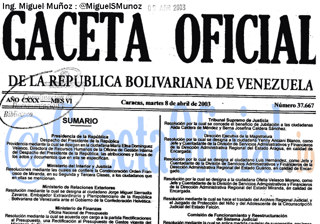Gaceta Oficial 37667 del 8 Abril 2003