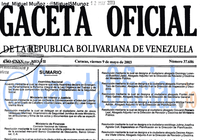 Gaceta Oficial 37686 del 9 Mayo 2003
