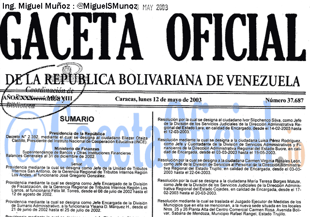 Gaceta Oficial 37687 del 12 Mayo 2003