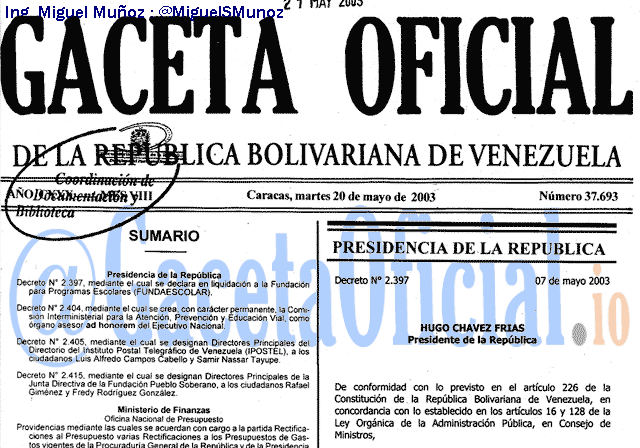Gaceta Oficial 37693 del 20 Mayo 2003