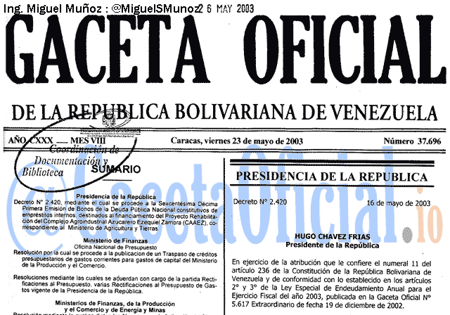 Gaceta Oficial 37696 del 23 Mayo 2003