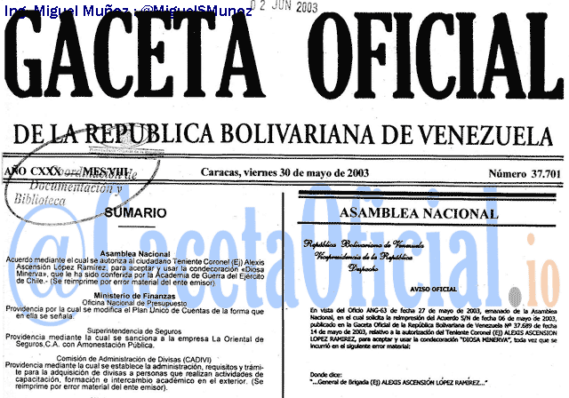 Gaceta Oficial 37701 del 30 Mayo 2003