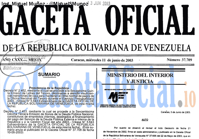 Gaceta Oficial 37709 del 11 Junio 2003