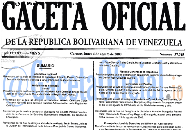 Gaceta Oficial 37745 del 4 Agosto 2003