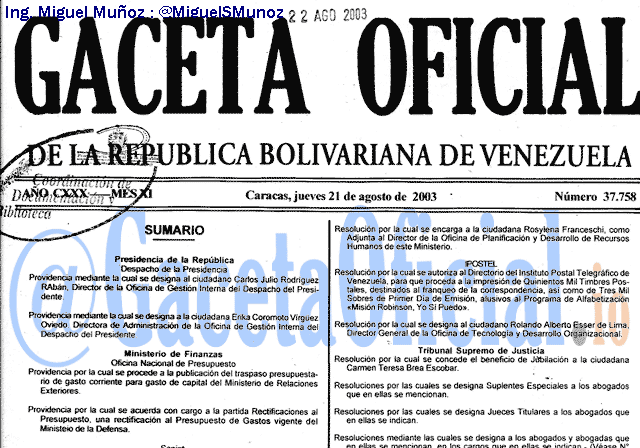 Gaceta Oficial 37758 del 21 Agosto 2003