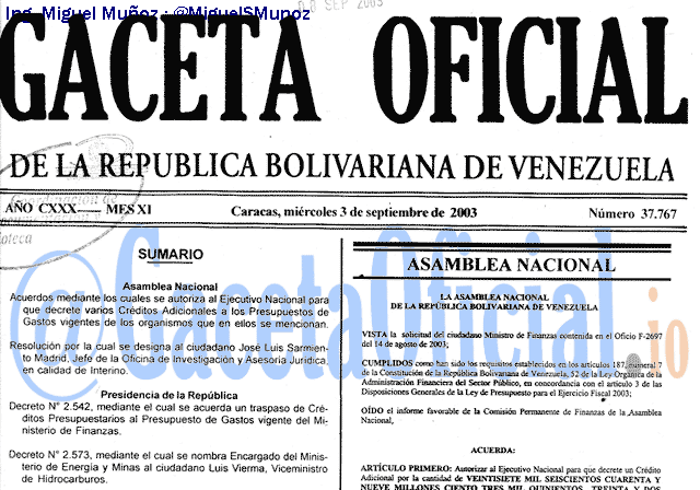 Gaceta Oficial 37767 del 3 Septiembre 2003