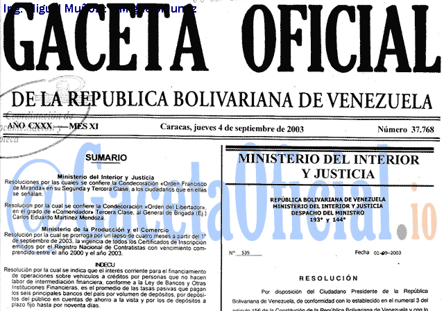 Gaceta Oficial 37768 del 4 Septiembre 2003