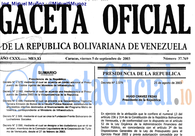 Gaceta Oficial 37769 del 5 Septiembre 2003