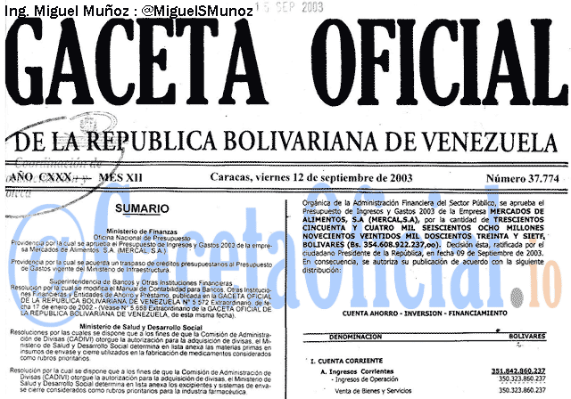 Gaceta Oficial 37774 del 12 Septiembre 2003