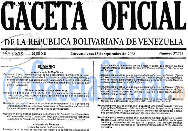 Gaceta Oficial 37775 del 15 Septiembre 2003