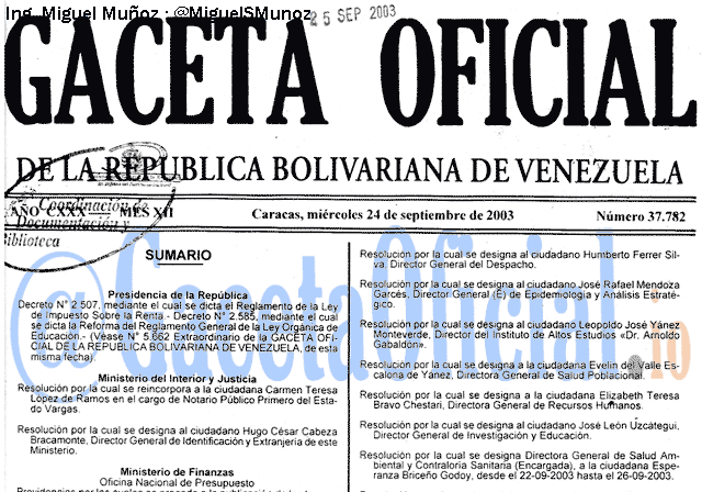 Gaceta Oficial 37782 del 24 Septiembre 2003