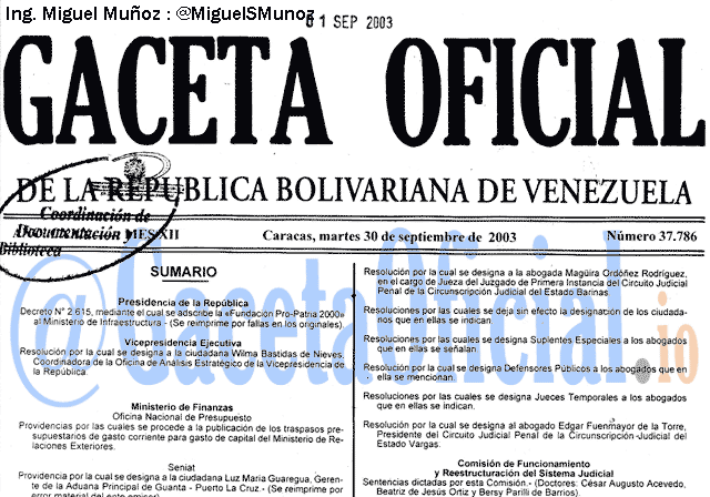 Gaceta Oficial 37786 del 30 Septiembre 2003
