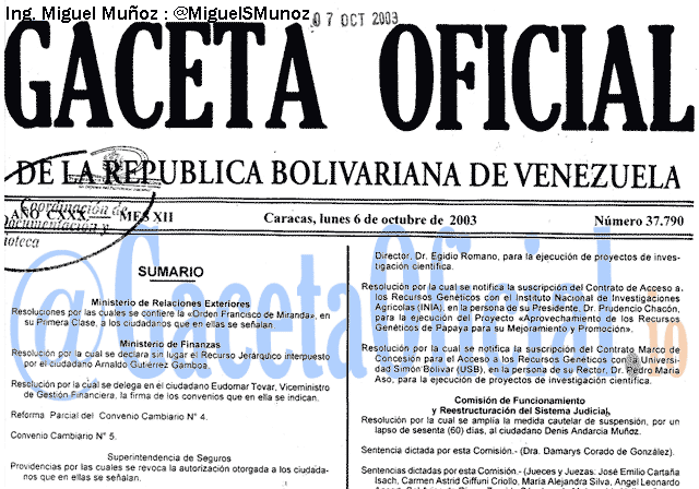 Gaceta Oficial 37790 del 6 Octubre 2003