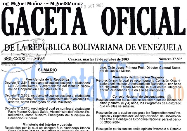 Gaceta Oficial 37805 del 28 Octubre 2003