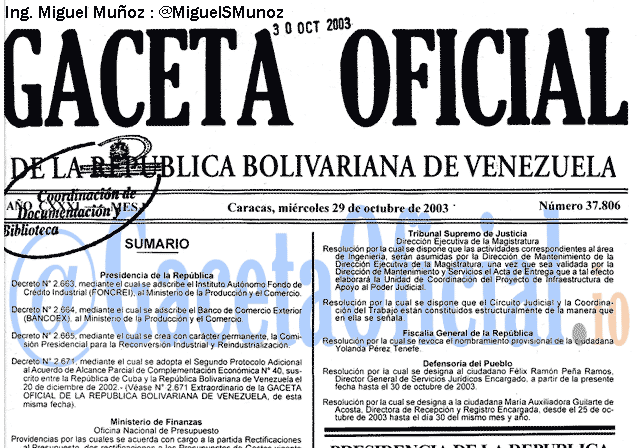 Gaceta Oficial 37806 del 29 Octubre 2003