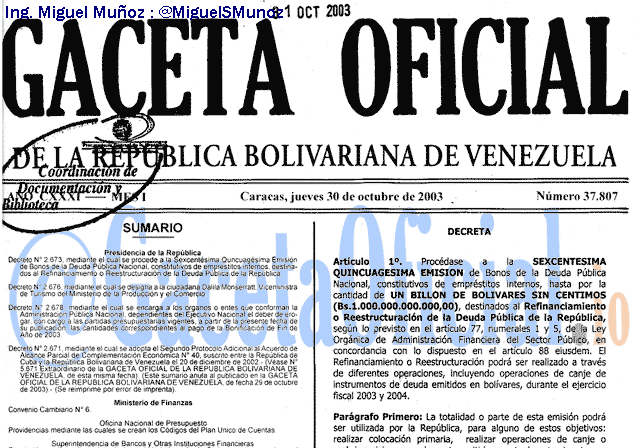 Gaceta Oficial 37807 del 30 Octubre 2003