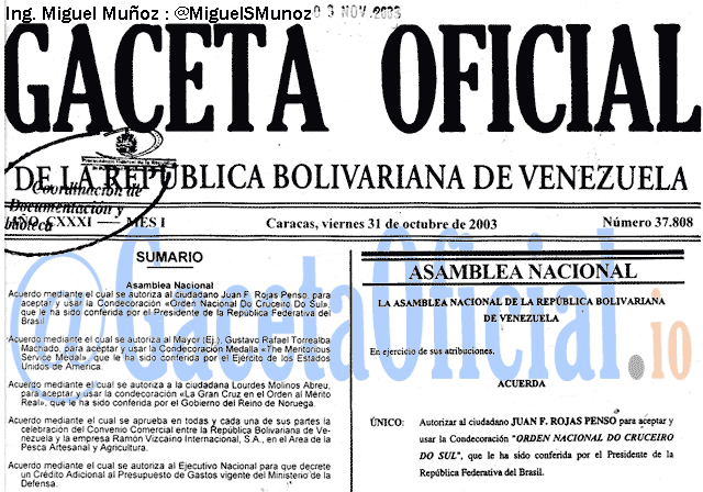 Gaceta Oficial 37808 del 31 Octubre 2003
