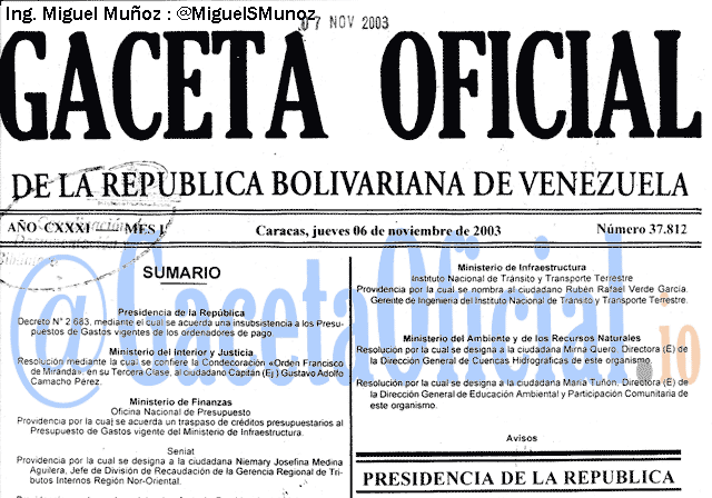 Gaceta Oficial 37812 del 6 Noviembre 2003