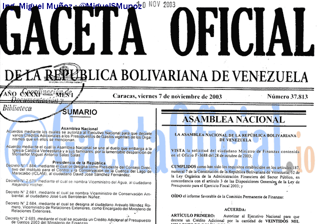 Gaceta Oficial 37813 del 7 Noviembre 2003