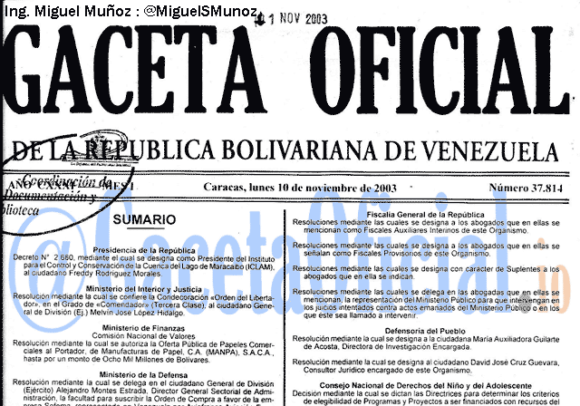 Gaceta Oficial 37814 del 10 Noviembre 2003