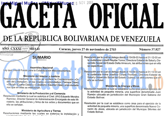 Gaceta Oficial 37827 del 27 Noviembre 2003