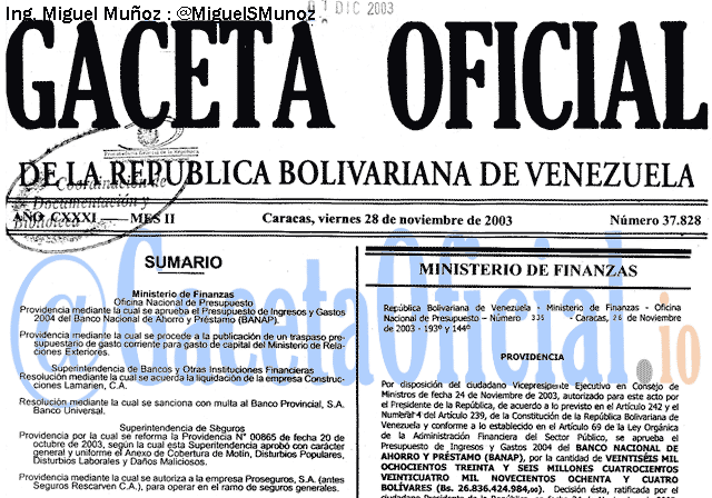 Gaceta Oficial 37828 del 28 Noviembre 2003