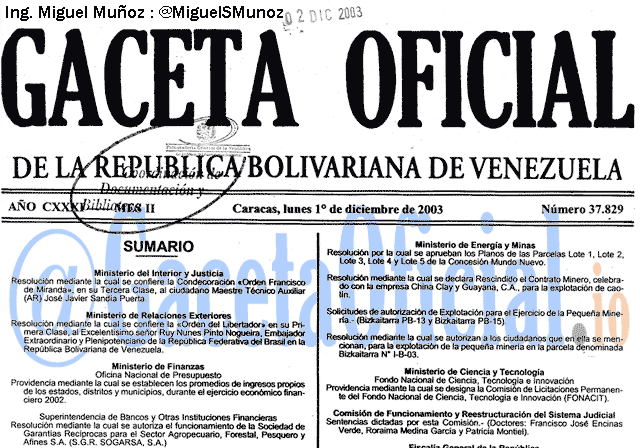 Gaceta Oficial 37829 del 1 Diciembre 2003