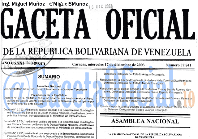Gaceta Oficial 37841 del 17 Diciembre 2003