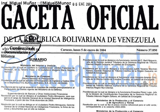 Gaceta Oficial 37850 del 5 Enero 2004
