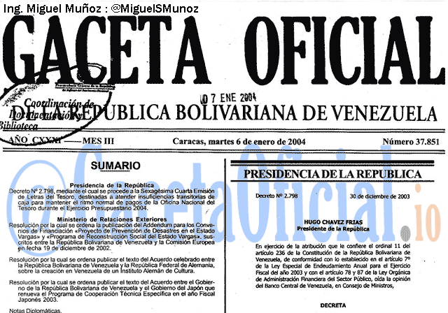 Gaceta Oficial 37851 del 6 Enero 2004