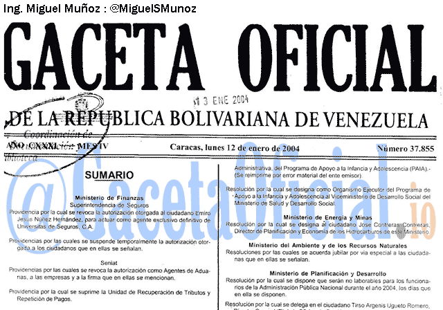 Gaceta Oficial 37855 del 12 Enero 2004