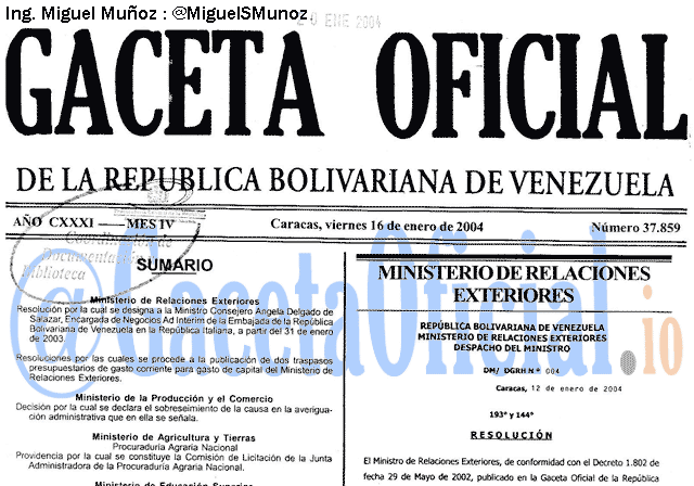 Gaceta Oficial 37859 del 16 Enero 2004
