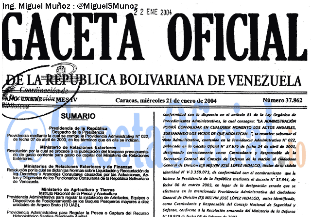 Gaceta Oficial 37862 del 21 Enero 2004