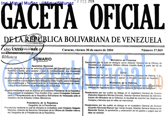 Gaceta Oficial 37869 del 30 Enero 2004
