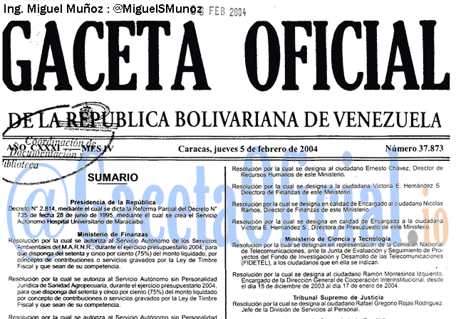 Gaceta Oficial 37873 del 5 Febrero 2004