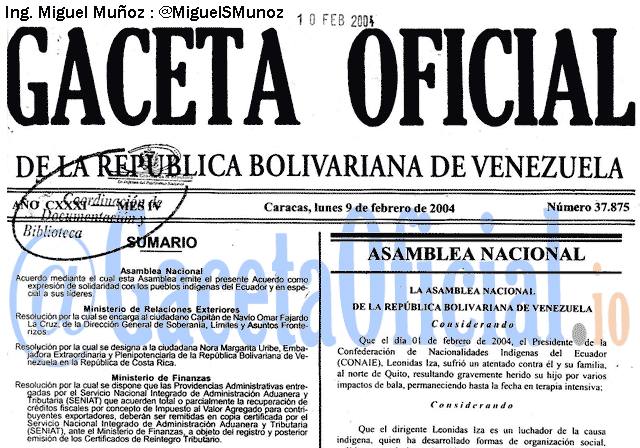 Gaceta Oficial 37875 del 9 Febrero 2004