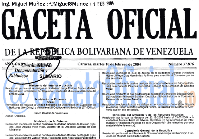 Gaceta Oficial 37876 del 10 Febrero 2004