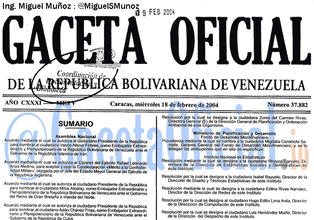 Gaceta Oficial 37882 del 18 Febrero 2004