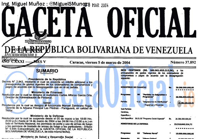 Gaceta Oficial 37892 del 5 Marzo 2004