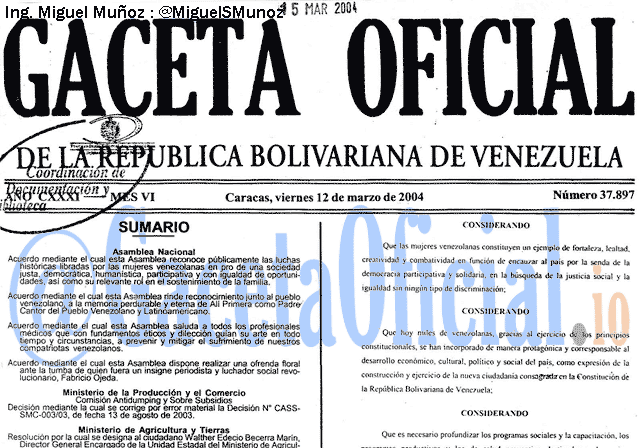 Gaceta Oficial 37897 del 12 Marzo 2004