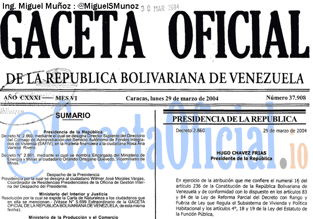 Gaceta Oficial 37908 del 29 Marzo 2004