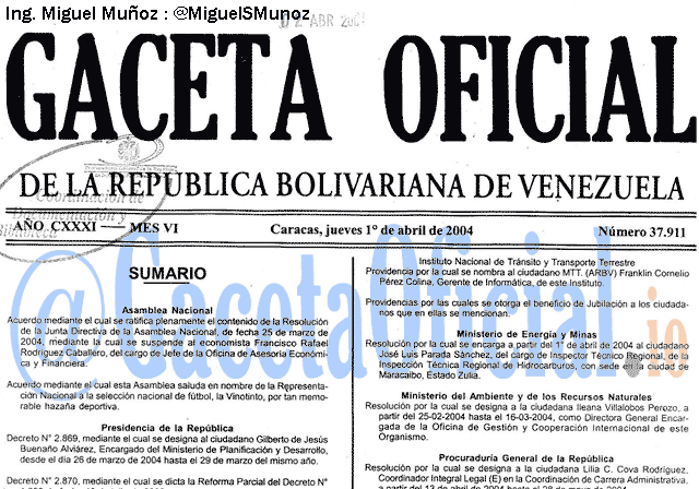 Gaceta Oficial 37911 del 1 Abril 2004
