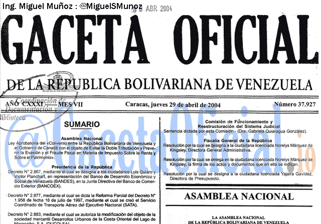 Gaceta Oficial 37927 del 29 Abril 2004