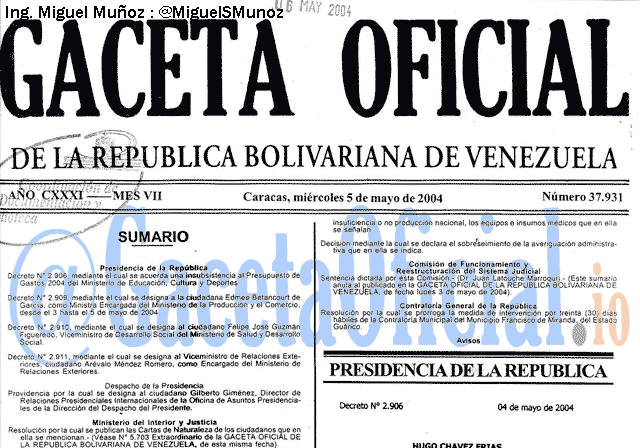 Gaceta Oficial 37931 del 5 Mayo 2004